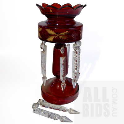 Victorian Ruby Glass Lustre with Crystal Drops and Gilt Floral Swag, Late 19th Century