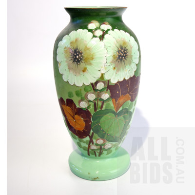 Antique Hand Painted Victorian Pale Green Milk Glass Vase with Large Floral Feature