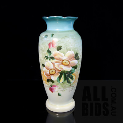 Hand Painted Victorian Antique Milk Glass Vase with Ombre Finish and Floral Motifs