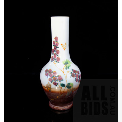 Victorian Milk Glass Funnel Neck Vase with Hand Painted Blossoms and Butterfly