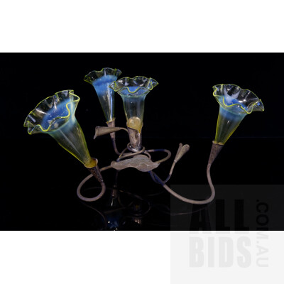 Victorian Brass Scroll Epergne with Four Fluted Uranium Glass Shades with Scalloped Edges