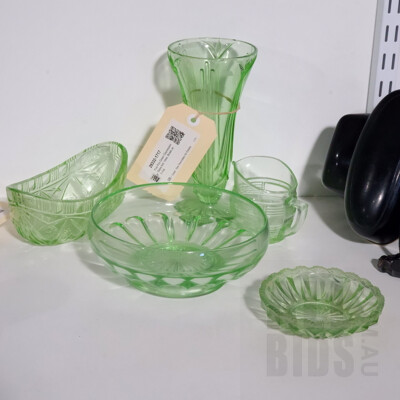 Five Pieces Green Depression Glass Including Vase, Bowls and Jug