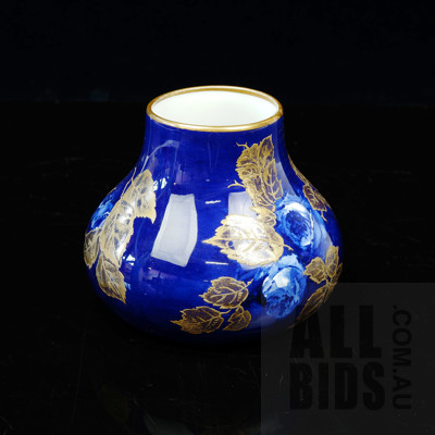 Vintage Royal Doulton Cobalt Blue Vase with Rose and Gilt Leaf Decoration