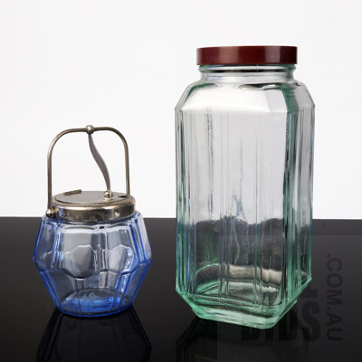 Antique Art Deco Depression Glass Mason Jar with Bakelite Lid and  Art Deco Blue Glass and Chrome Sugar Bowl