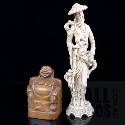Asian Wooden Carved Hardwood Seated Buddha and Cast Resin Figure of a Fisherman