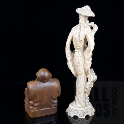 Asian Wooden Carved Hardwood Seated Buddha and Cast Resin Figure of a Fisherman
