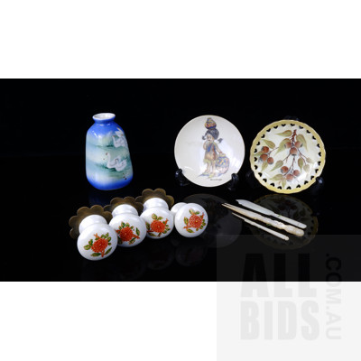 Brownie Downing Plate, Four Porcelain Door Knobs, Japanese Vase, Miniature Shell Utensils and More