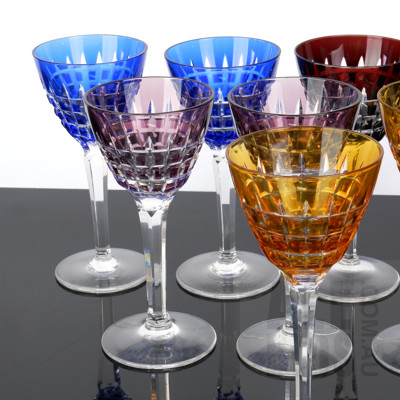 Set of Eight Vintage Harlequin Coloured Flashed and Cut Crystal Sherry Glasses