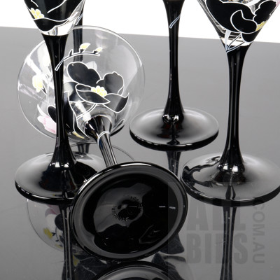 Retro French Luminarc Black Stemmed Floral Print Glasses - Includes Three Champagne Flutes and Two Martini