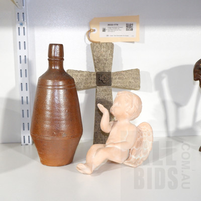 Vintage Handmade Portuguese Pottery Ink Bottle with Resin Wall Cross and Terracotta Angel (3)