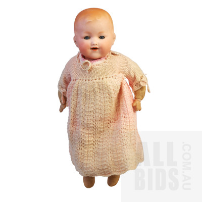 German Armand Marseille Bisque and Hessian Articulated Baby Doll with Crocheted Outfit
