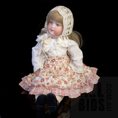 German Armand Marseille Bisque and Composite Articulated Doll with Long Blonde Hair and Full Outfit