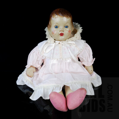 Antique Painted and Hand Stitched Composite and Fabric Baby Doll with Outfit