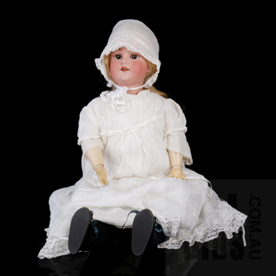 Antique Heubach Koppelsdorf no 250-6 Bisque Head and Composite Body Articulated Doll with Original Gauze Dress and Bonnet