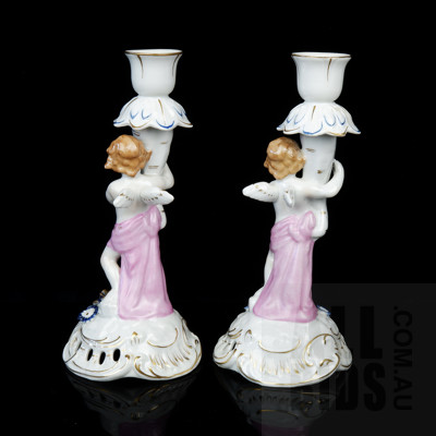 Pair of Echt Kobalt Handpainted German Porcelain Cupid Figural Candlesticks