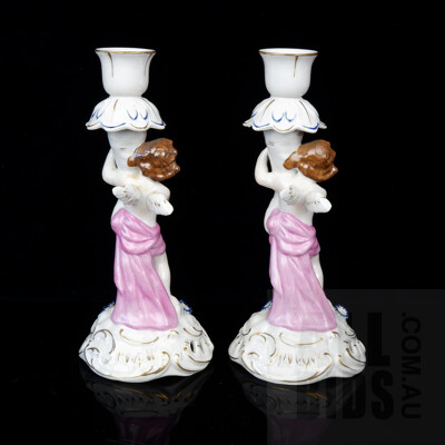 Pair of Echt Kobalt Handpainted German Porcelain Cupid Figural Candlesticks