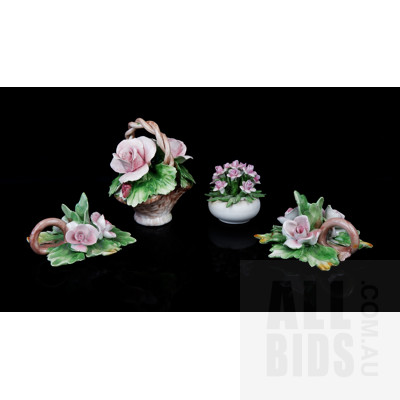 Vintage Collection Four Capodimonte Floral Bouquets, Including a Pair of Candle Holders