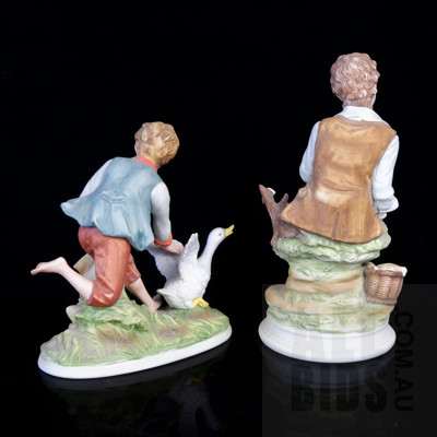 Two Vintage Austrian Bisque Boy Figures, Including One with a Goose and the Other Holding a Lamb