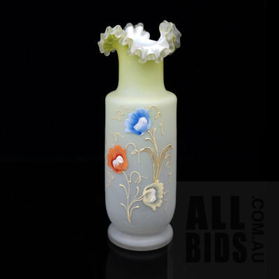 Victorian Frosted Glass Vase with Hand Painted Floral Motif and Ruffled Rim