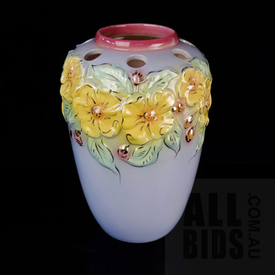 Large Kalmar Art Deco Style Glazed Ceramic Vase with Raised Floral Motif