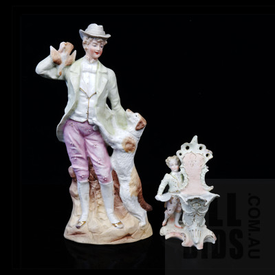 European Bisque Figure of a Well Dressed Gentleman with His Dog and a Figural Vase