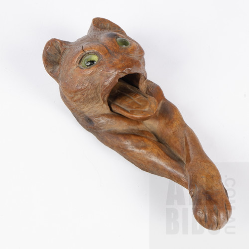 Antique Carved Cat Nut Cracker with Marble Eyes