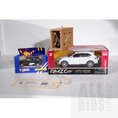 Corgi Toys Platform Trailer, RMZ City Diecast Porsche cayenne Turbo S and Corgi J17 Taxi