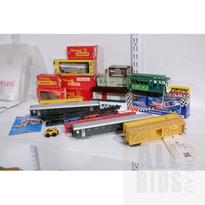 Collection of Train Carriages, Including Lima, Bachmann, and Triang with Triang Scalextric Dunlop Racing Box and Various Triang and Other Empty Boxes 