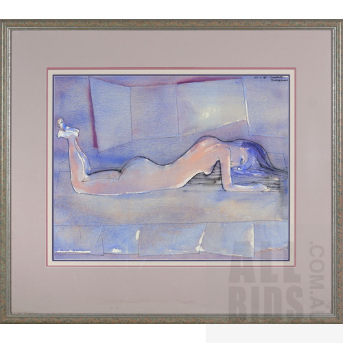 Charles Blackman (1928-2018), Untitled (Nude on Bed) 1988, Ink, Pastel & Watercolour on Paper, 43 x 55 cm