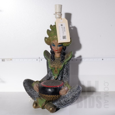 Balinese Painted Composite Table Lamp Base Depicting a Seated Women in Ceremonial Dress