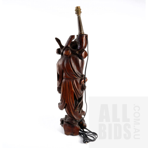 Vintage Chinese Rosewood Table Lamp Depicting a Sage