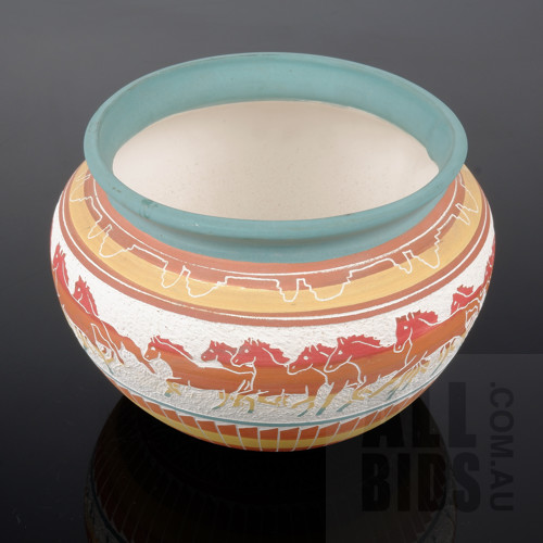 American Navajo R. Becenti Gleason 2/08 Dine Etched and Painted Pottery Bowl