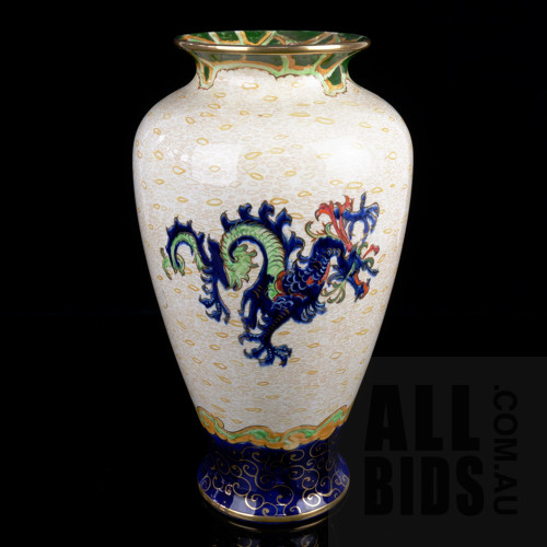 Large Royal Winton Lustreware Vase Hand Painted with Dragons, Repair to Rim, Height 34cm