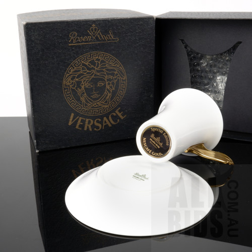 2nd of 8 Available - One As New Boxed Versace Special Edition 'Nescafe Gold' Gilt Porcelain Coffee Cup and Saucer Manufactured by Rosenthal Studio-Line