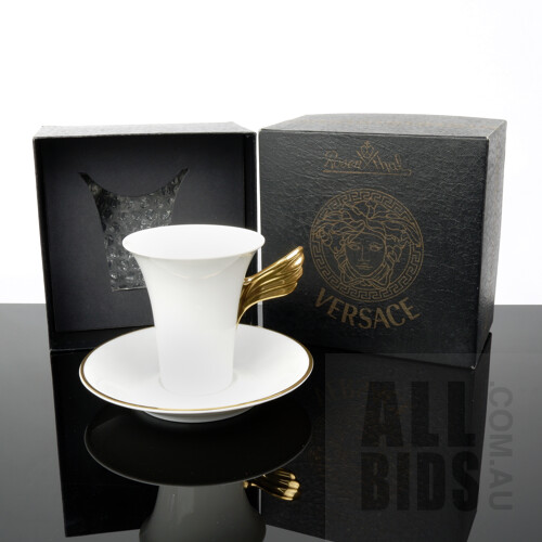 3rd of 8 Available - One As New Boxed Versace Special Edition 'Nescafe Gold' Gilt Porcelain Coffee Cup and Saucer Manufactured by Rosenthal Studio-Line