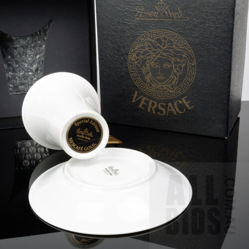 3rd of 8 Available - One As New Boxed Versace Special Edition 'Nescafe Gold' Gilt Porcelain Coffee Cup and Saucer Manufactured by Rosenthal Studio-Line