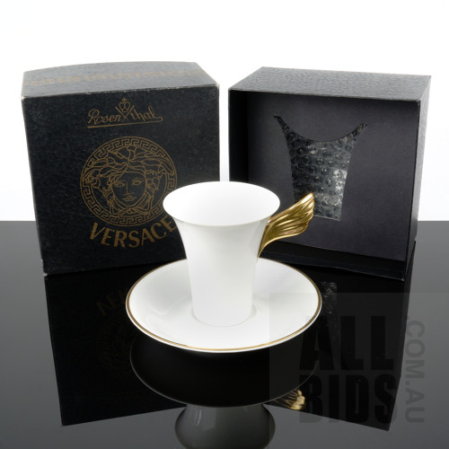 4th of 8 Available - One As New Boxed Versace Special Edition 'Nescafe Gold' Gilt Porcelain Coffee Cup and Saucer Manufactured by Rosenthal Studio-Line