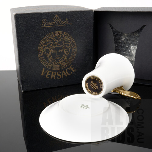 6th of 8 Available - One As New Boxed Versace Special Edition 'Nescafe Gold' Gilt Porcelain Coffee Cup and Saucer Manufactured by Rosenthal Studio-Line
