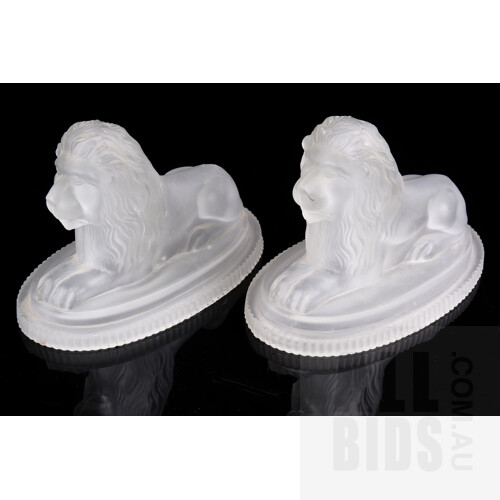 Pair of Rare Victorian 'Lion After Landseer' Moulded Glass Large Paperweights Manufactured by John Derbyshire of Manchester, Circa 1874