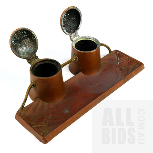 German WMF Jugendstil Style Copper and Brass Standish Circa 1905, Lacking Glass Inkwell Liners