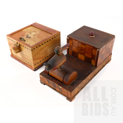 Two Occupied Japan Marquetry Work Novelty Cigarette Dispensers