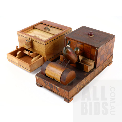 Two Occupied Japan Marquetry Work Novelty Cigarette Dispensers