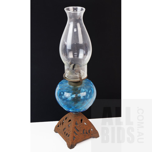 Victorian Oil Lamp with Cast Iron Base and Blue Glass Font, Late 19th Century