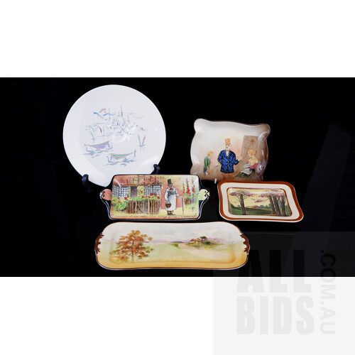 Five Various Royal Doulton Cake and Sandwich Plates Including Charles Dickens, Venetian Scene Etc