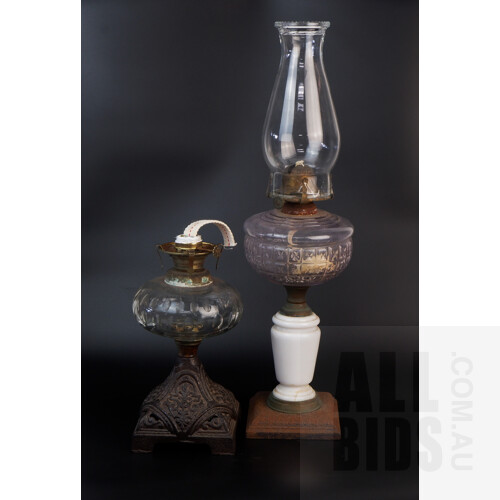 Victorian Oil Lamp Cast Iron Base with Glass Font, and Another with Milk Glass Pedestal (Faults)