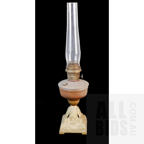 Victorian Oil Lamp with Cast Iron Base and Copper Font, Height Including Aladdin Brand Flue 66cm