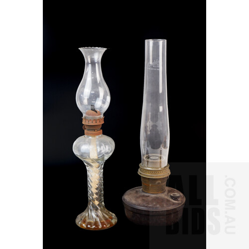 Aladdin Bakelite Oil Lamp Font and Aladdin Brand Flue, Plus Another Glass Oil Lamp