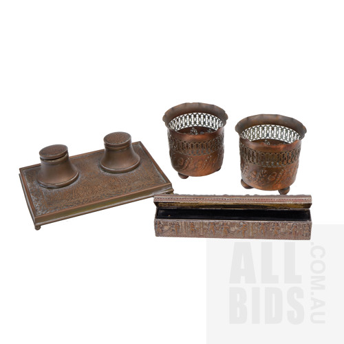 Antique Copperware Including Pair of English J.S & S Pierced Candlelights, Edwardian Standish with Embossed Design, and a Nickled Copper Pen Box