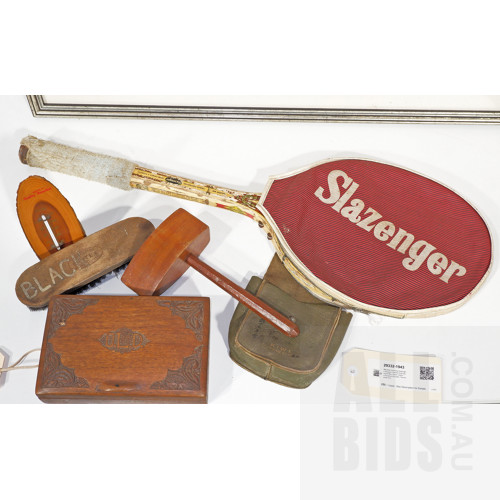 Melange Including Slazenger Racket, Carved Teak Cigarette Box, Auctioneer’s Gavel, Surfer's Paradise Souvenir Thermometer Etc