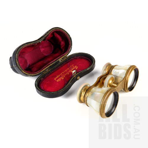 19th Century Pearl Shell and Brass Opera Glasses by Thomas Armstrong & Brothers, with Original Leather and Silk Case